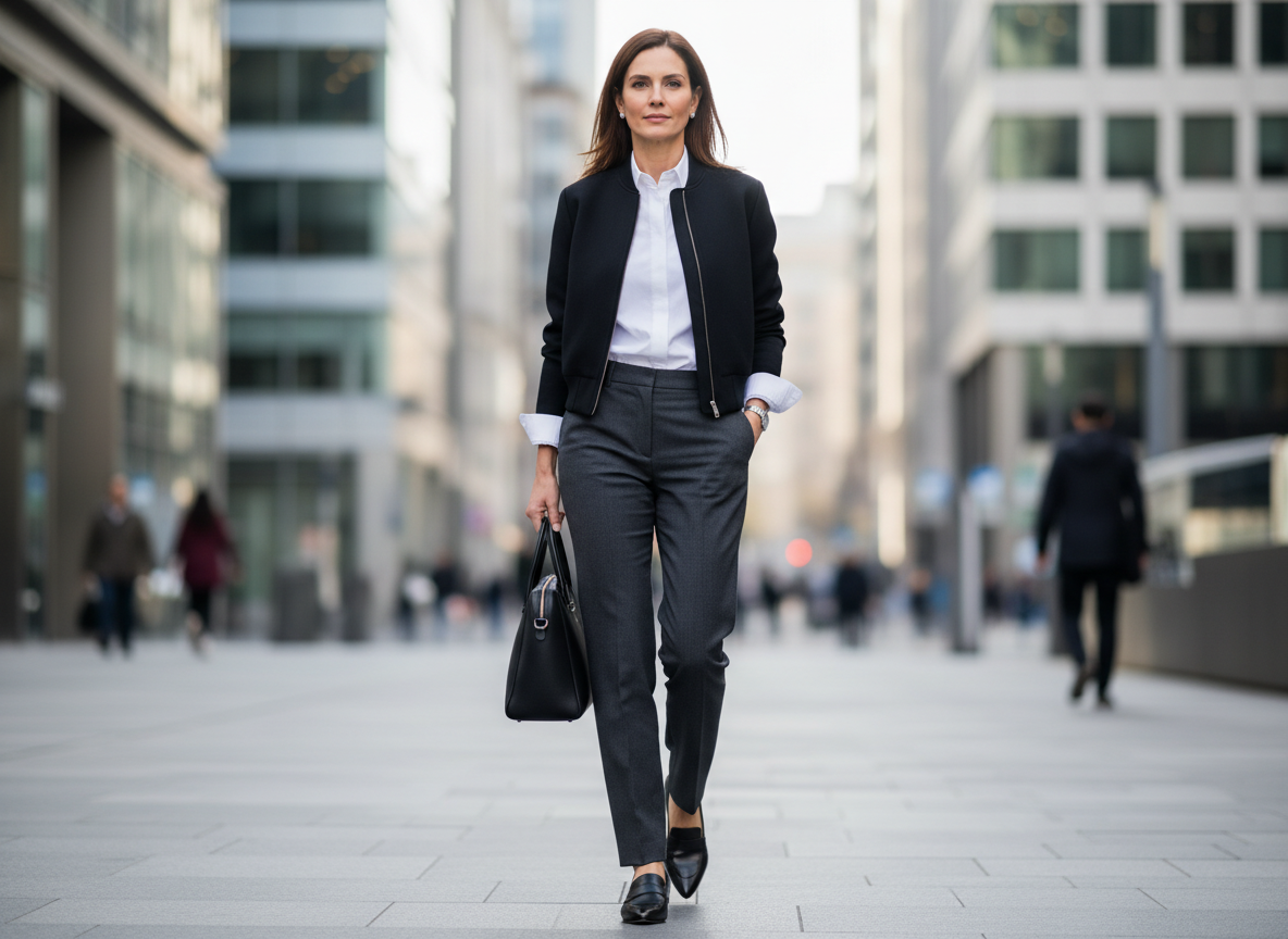 Женщина 40+ идет по деловому району в черном бомбере, белой рубашке и прямых брюках с лоферами — наглядно, как носить бомбер