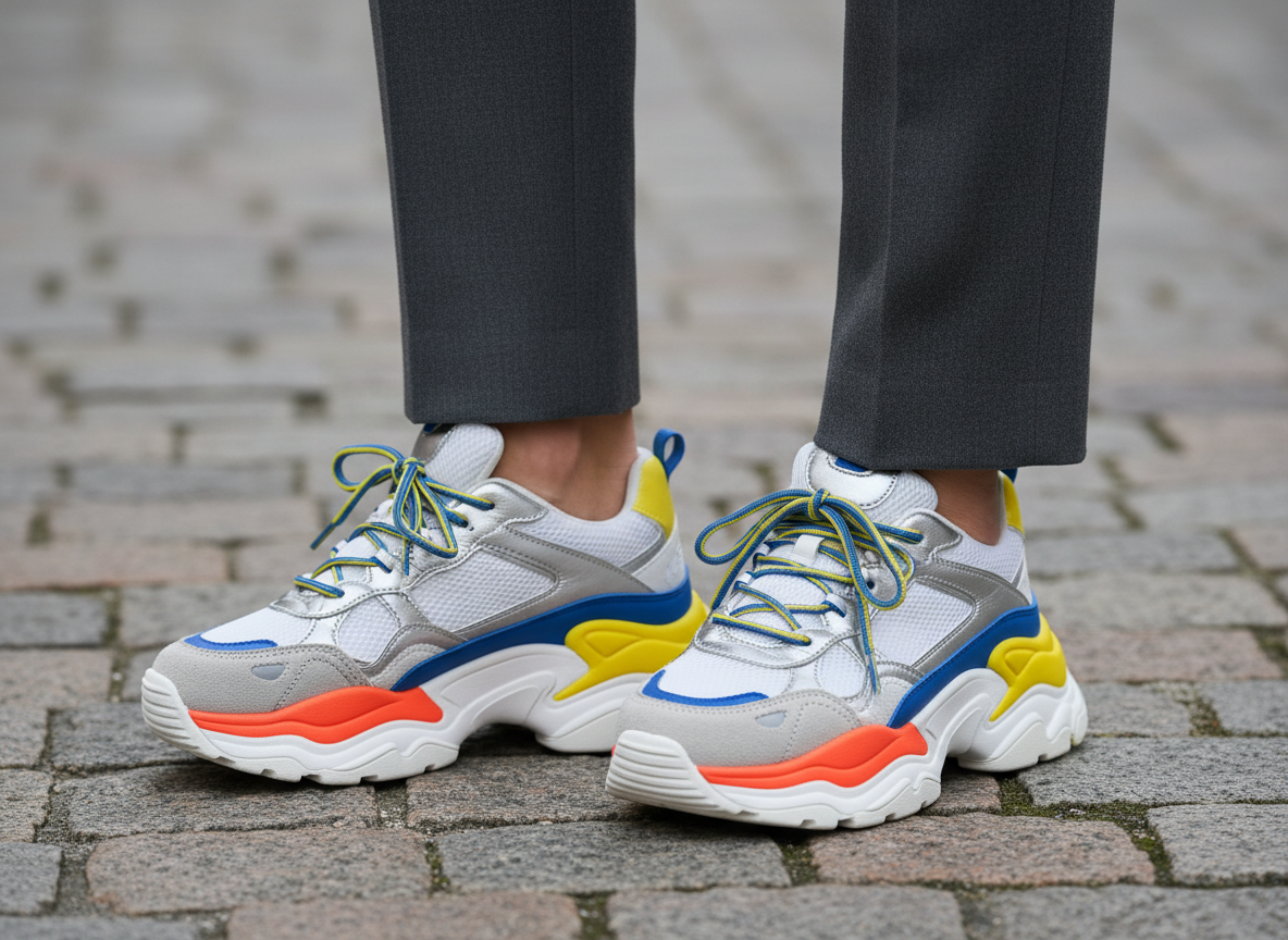 Крупный план ног: массивные яркие кроссовки утяжеляют образ с прямыми брюками — подсказка, как носить бомбер без лишней грубости