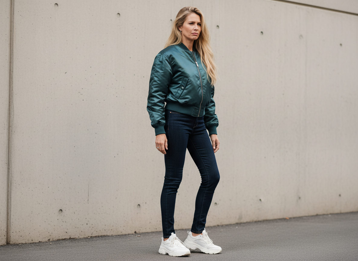Женщина 40+ в коротком блестящем бомбере, очень узких джинсах и кроссовках выглядит недовольно — так как носить бомбер не стоит