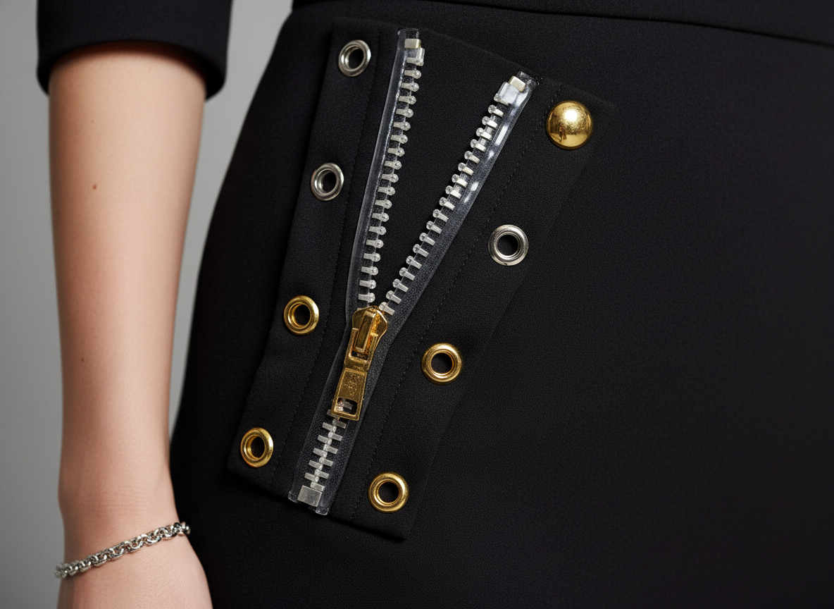 Крупный план платья с глянцевой пластиковой молнией и желтой фурнитурой рядом с серебряным браслетом — детали которые удешевляют образ