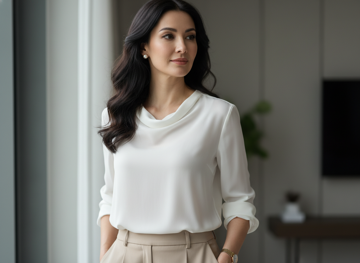 Женщина у окна в светлой блузе, ткань лежит ровно и не просвечивает, уверенный спокойный вид — детали которые удешевляют образ