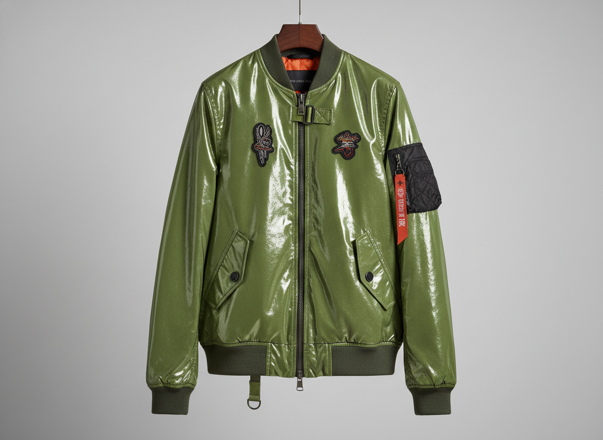 Оливковый блестящий бомбер на вешалке с нашивками и грубой фурнитурой — наглядно, как носить бомбер без удешевления образа