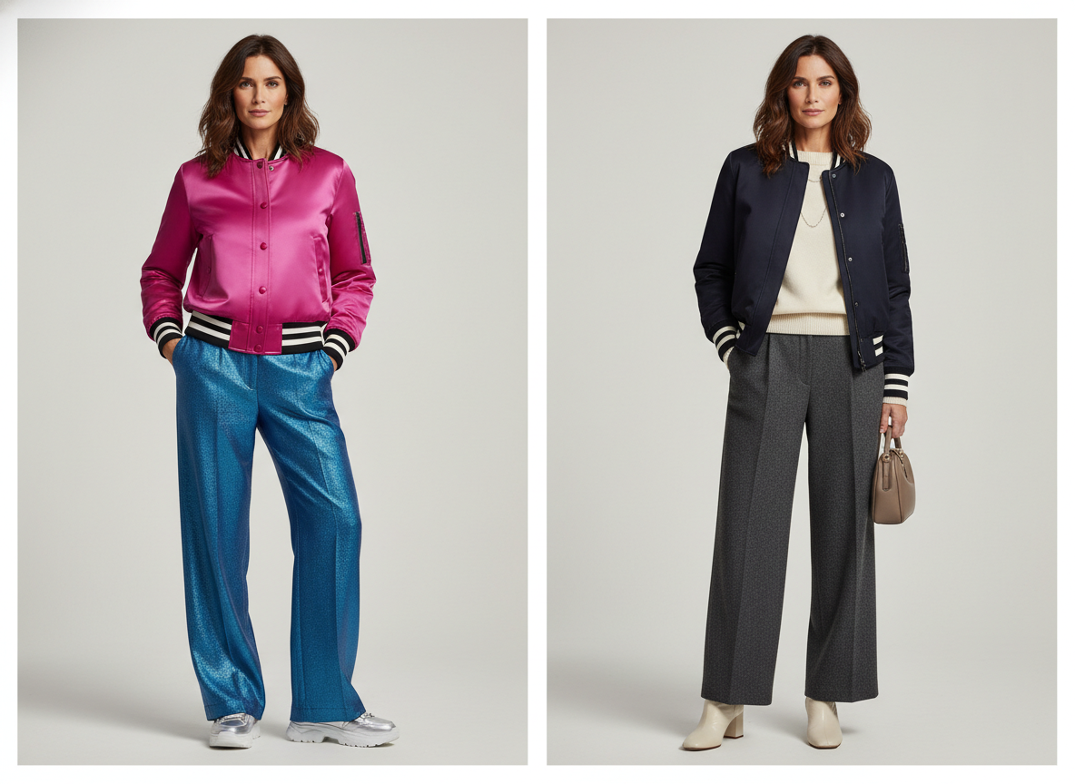 Два образа рядом: яркий блестящий бомбер выглядит громко, а темный матовый — сдержанно; сравнение, как носить бомбер лучше