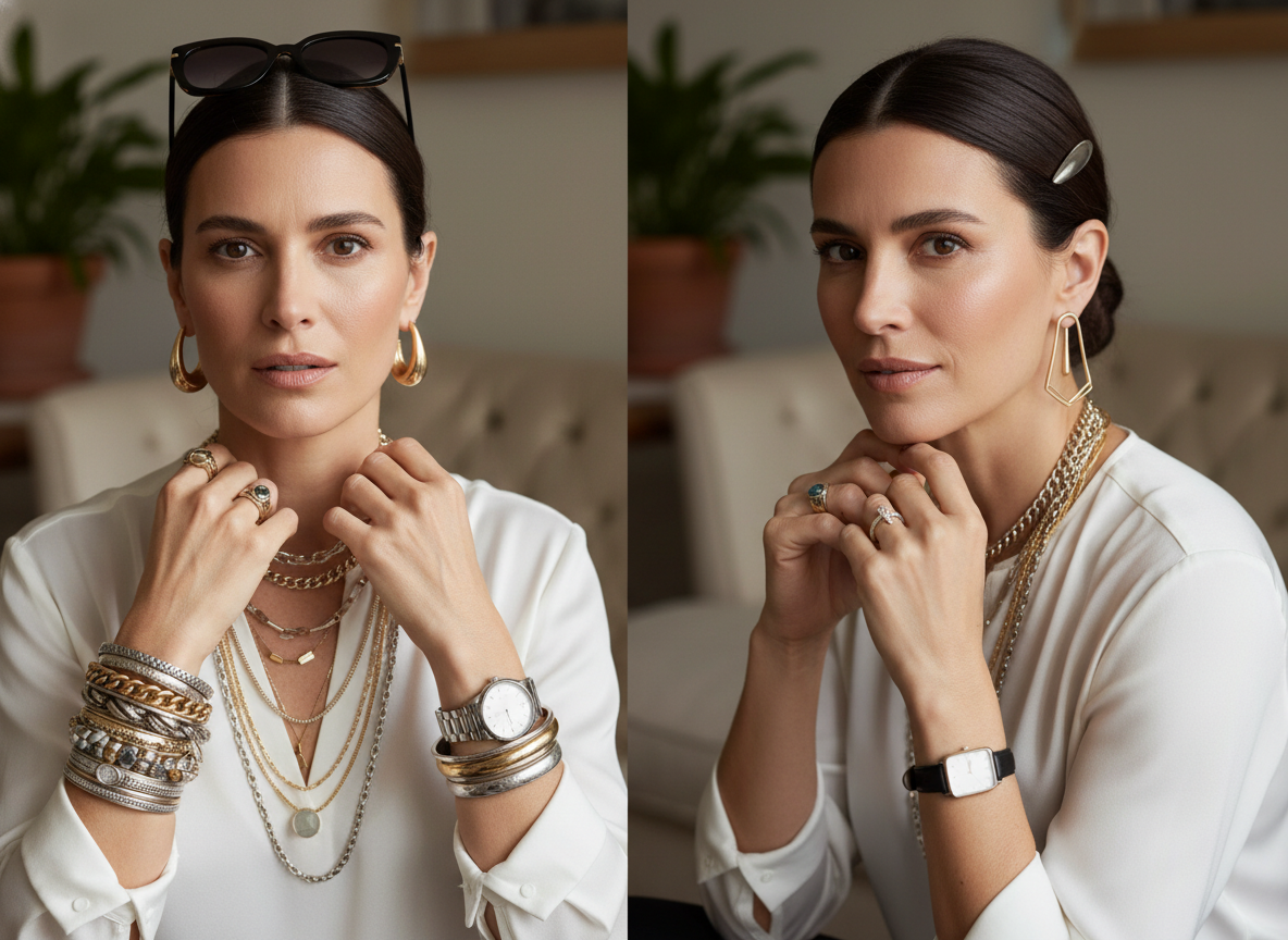 Два варианта: перегруженные украшения и спокойный минимализм с одним акцентом — детали которые удешевляют образ