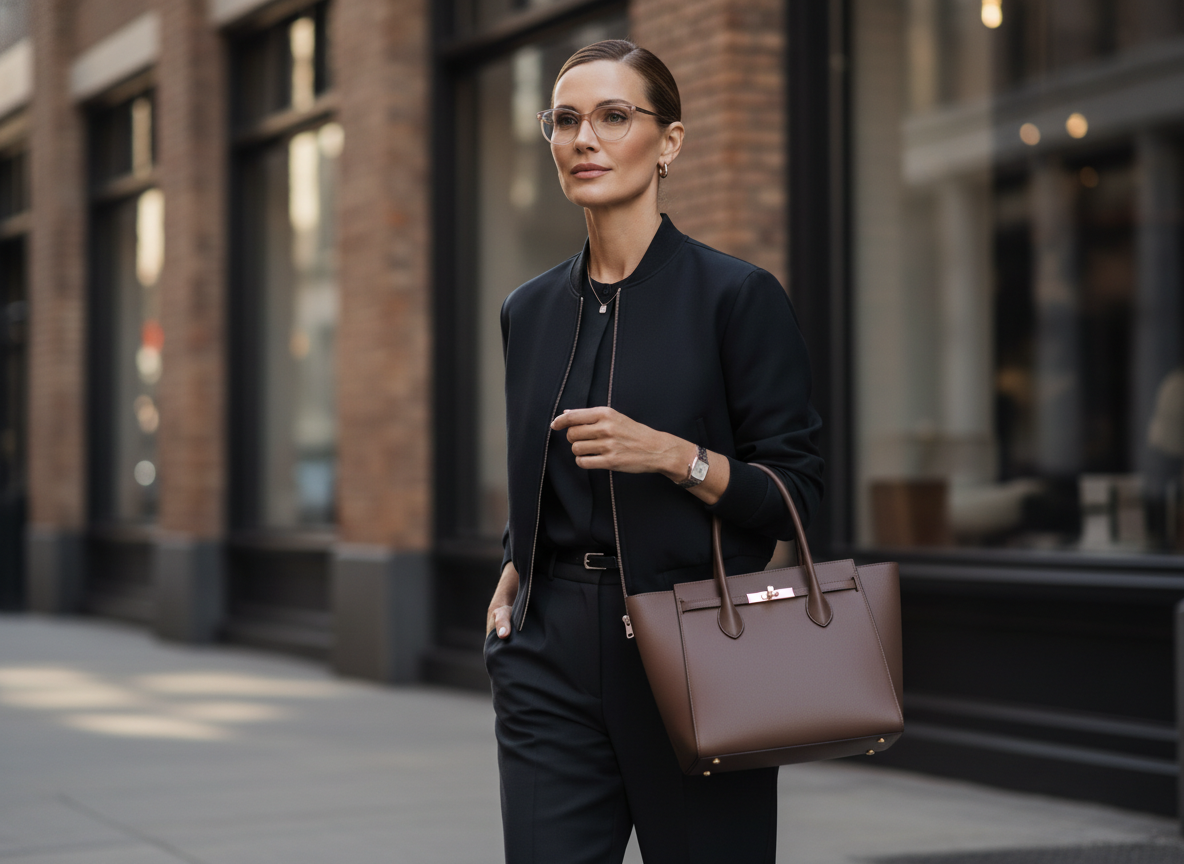 Женщина 40+ идет по улице с тоутом в темном бомбере и прямых брюках, спокойная уверенность — пример, как носить бомбер в городе