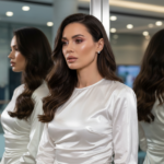 Женщина у зеркала в блестящей синтетической блузе, заметны складки и неуверенный взгляд — детали которые удешевляют образ