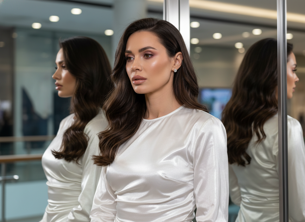 Женщина у зеркала в блестящей синтетической блузе, заметны складки и неуверенный взгляд — детали которые удешевляют образ