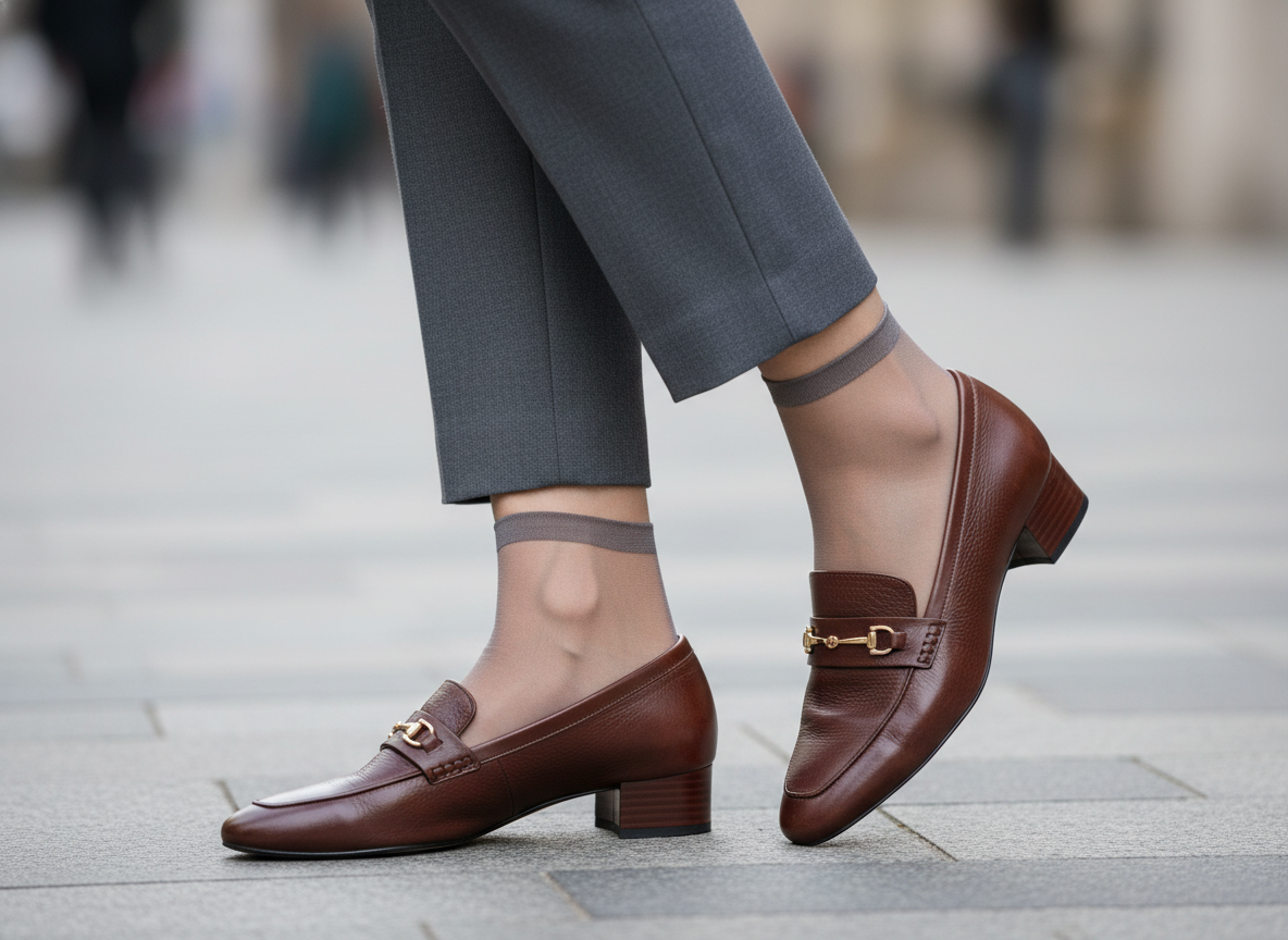 Крупный план: укороченные брюки и женственные лоферы на каблуке с тонкими носками — деталь, как носить бомбер с классической обувью